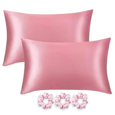 GLUN® Satin Silk Pillow Covers with 3 Pieces Silk Scrunchies for Women Hair – Rose Colour – 2 Pack