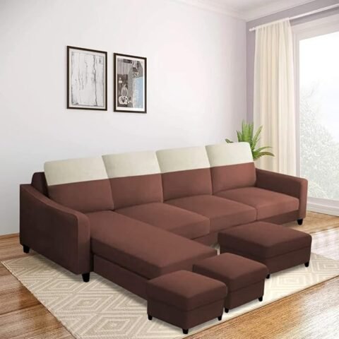 Blisscraft Smartan 8 Seater Fabric L-Shape Sofa Set with Puffy (Brown)