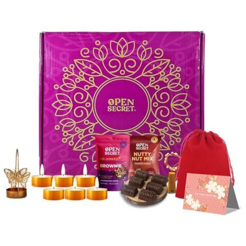 Open Secret Premium Hamper: Gift Box with Greeting Card, Scented Candles, Chocolates, Brownie, and Nuts