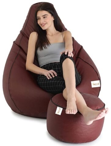 SATTVA XXXL Classic Filled Bean Bag with Footrest Combo (Tan with Black Piping)