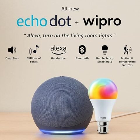 Amazon Echo Dot (5th Gen, Blue) with Wipro Simple Setup 9W LED Smart Color Bulb