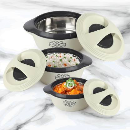 Cello Ripple Double Walled Insulation Casserole | Firm Twist Lock and Handles | White Thermoware Casserole (500 ml, 1000 ml, 1500 ml)