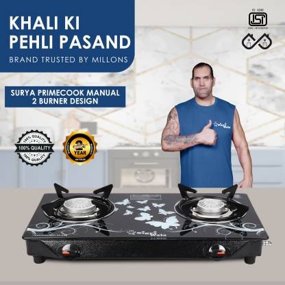 Sigri-wala Surya Primecook Manual Cute Design Toughened Glass Gas Stove Stainless Steel Manual Gas Stove (2 Burners)