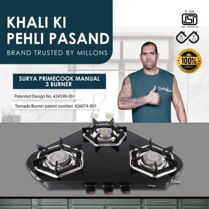 Sigri-wala Surya Primecook Manual Arrow Glass Manual Gas Stove (3 Burners)