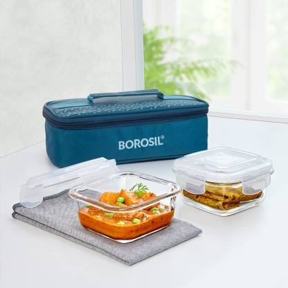 BOROSIL Teal Lunch Box with Bag, 2pc (320 ml x 2 Square), Horizontal Glass Office Tiifin 2 Containers Lunch Box