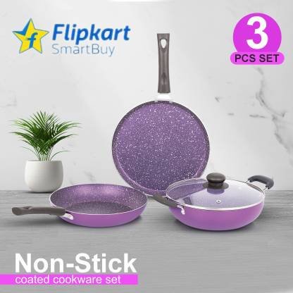 Flipkart SmartBuy Royal Purple Elegant Fry Pan, Dosa Tawa & Kadhai/Kadai With Glass Lid Induction Bottom Non-Stick Coated Cookware Set