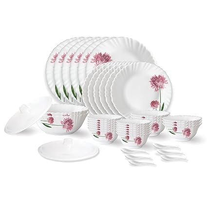 Larah by Borosil Nargis Fluted Series Opalware Dinner Set | 40 Pieces for Family of 6 | Microwave & Dishwasher Safe | Bone-Ash Free | Crockery Set for Dining & Gifting | Plates & Bowls | White
