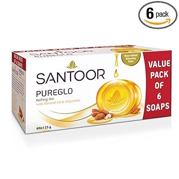Santoor PureGlo Glycerine Soap with Almond Oil and Glycerine, 125g (Pack of 6) for Nourished Glowing Skin