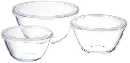 Amazon Basics Glass Mixing Bowl Set of 3 (500 ML + 800 ML + 1.5L) – Oven and Microwave Safe | Wide Rims for Easy Pouring | Transparent Design | Dishwasher Safe | Versatile Kitchen Companion