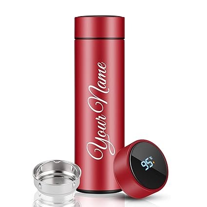 CORPORATE PORIUM Your Name Printed Stainless Steel Bottle | Vacuum Insulated Bottle with Tea Filter | 500 ML | Easy to Carry | Leakproof Bottle Personalized Gift Flask | Permanent Printing (Red)