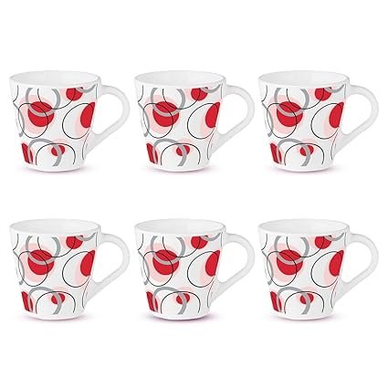 Larah by Borosil Novelty Series Leela Opalware Mug, Set of 6 Tea/Coffee Mugs, 160 ml Each, Microwave & Dishwasher Safe, Bone-Ash Free, Crockery Set Ideal for Daily Use & Gifting, White