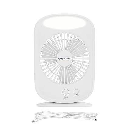 Amazon Basics Mini Rechargeable Portable Fan with LED Lighting | USB Charging | 3 Speeds & 3 Light Settings | 1800mAh Battery for upto 6.5-Hour Backup (White)