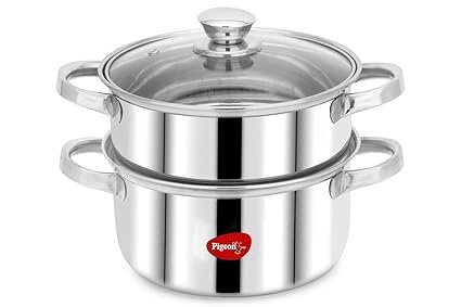 Pigeon By Stovekraft Steel X Steamer Stainless Steel Induction Base, Modak Maker/Momo Maker, Dual Compartment With Glass Lid, 4.6L Capacity, Silver