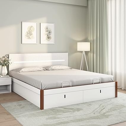 Nilkamal Capsule Premier Storage Bed | Lighted Headboard | 1 Year Warranty Engineered Wood King Hydraulic Bed (Finish Color – White, Delivery Condition – Knock Down)