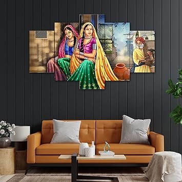 Perpetual Rajasthani Paintings for Living Room | 3D Painting for Wall Decoration | Rajasthani Decoration Items | Paintings for Bedroom Set of 5 (75×43 Cm)(Multi)