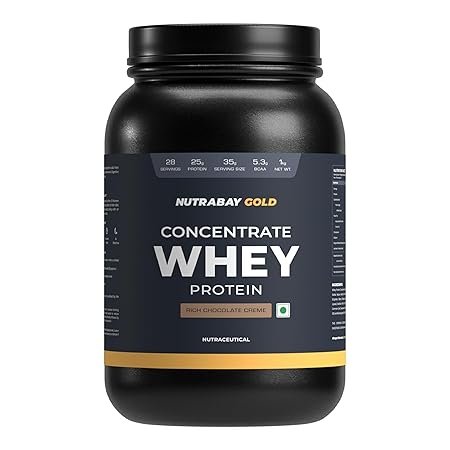 Nutrabay Gold 100% Whey Protein Concentrate with Digestive Enzymes – 25g Protein, 5.3g BCAA, 3.9g Glutamic Acid – 1Kg, Rich Chocolate Crème