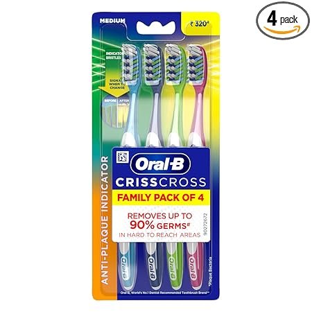 Oral-B Criss Cross – Family Pack Of 4 Toothbrushes Medium, For Adults, Manual, Multicolor