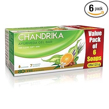 Chandrika Glycerine Ayurveda Gel Bar | Glycerine Bath Soap with Jojoba Oil for Moisturized Skin | For All Skin Types | 125g (Pack of 6)