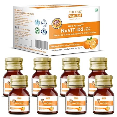 The Old Natural Nuvit D3 Vitamin D3 60000 IU I Cholecalciferol Vitamin D3 Oil 60000 IU Sugar Free Nano Shots, Once In A Week – 5ml (Pack Of 8 Nano Shots – 40ml)