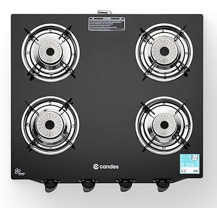 Candes Glass 4 Burner Gas Stove Toughened Glass | Manual Ignition Gas Chulha | LPG Gas Stove | ISI Certified | 1 Yr Warranty