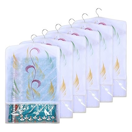 Kuber Industries Hanging Saree Cover | Non-Woven Brush Painting Pattern Saree Cover | Saree Covers for Home | Saree Cover with Small Transparent View | Pack of 6 | Yellow