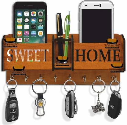 Heritagecrafts Special Designer Sweet Home Unique Wooden 2 Pocket Mobile and Pen Wood Key Holder (8 Hooks, Brown)