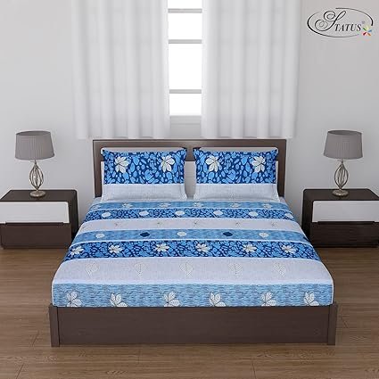 Status Contract Cotton Rich Double Bedsheet with 2 Pillow Covers for Bed Room, Home, Hotel-120 GSM (Blue Stripes)