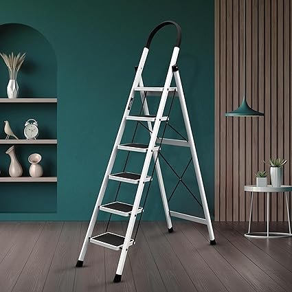 Plantex Steel Ladder for Home/Strong Foldable Wide 6 Step Ladder/Anti-Skid 6 Step Ladder – (Apex – White)