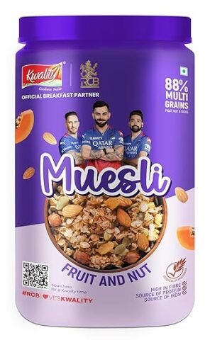 Kwality RCB Muesli Fruit & Nut 1 Jar, 88% Multi Grains, No Maida, Natural Source of Vitamin & Iron, High in Protein & Fiber, Low Fat & Cholesterol, Healthy Breakfast Cereal, Endorsed by Royal Challengers Bangalore (RCB) 900g