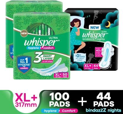 Whisper Combo of Ultra Clean and Bindazz Nights XL+ for Women Sanitary Pad (Pack of 144)