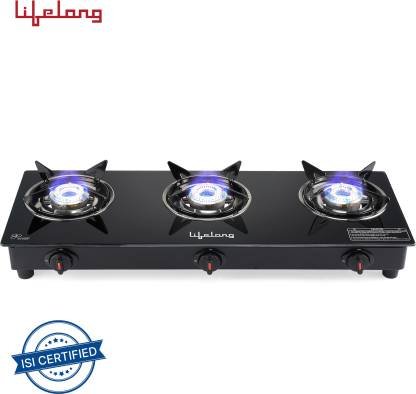 Lifelong LLGS930 Glass Top 3 (ISI Certified, 1 Year Warranty with Doorstep Service) Glass Manual Gas Stove (3 Burners)