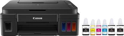 Canon PIXMA Mega Efficient G3012 Multi-function WiFi Color Ink Tank Printer (Color Page Cost: 0.21 Rs. | Black Page Cost: 0.09 Rs. | Borderless Printing) with 2 additional Black Ink Bottles (6 Ink Bottles Included)