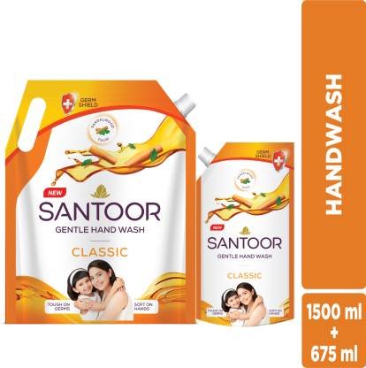 Santoor Classic Gentle with Goodness of Sandalwood & Tulsi (1.5L + 675ml) Hand Sanitizer Pouch (2 x 1087.5 ml)