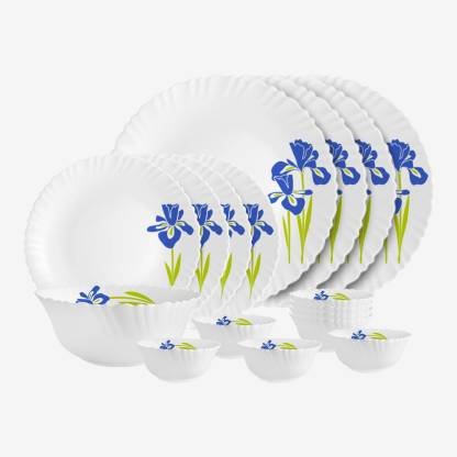 Cello Pack of 17 Opalware Dazzle Opalware Blue Iris Dinner Set | Crockery Set | Blue Dinner Set (Blue, White, Microwave Safe)