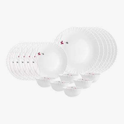 cello Pack of 18 Opalware Dazzle Lush Fiesta, Pieces Dinner Set (Red, White, Microwave Safe)