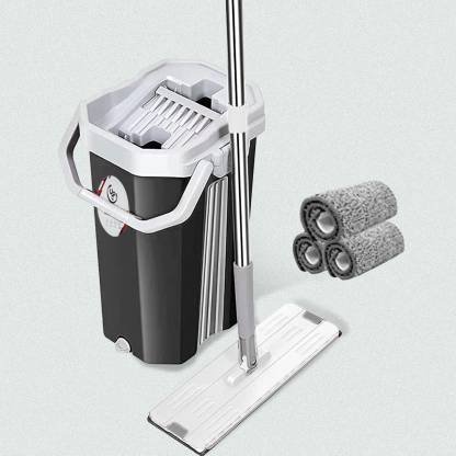 UPC Upgraded Hands-Free Squeeze Microfiber Flat Spin Mop System 360° Flexible Head Flat Mop (Black)