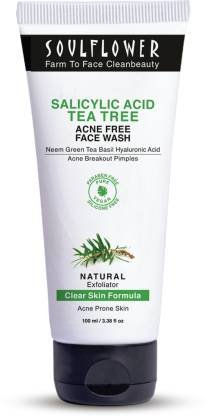 Soulflower Salicylic Acid 2% Tea Tree with Green Tea Neem & Basil for Acne, Pimples Face Wash (100 ml)