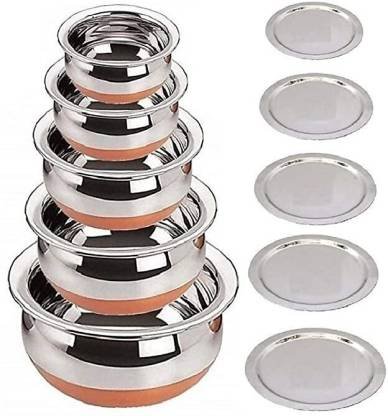 LIMETRO STEEL Copper Base Handi with Lid / Urli Set Cookware Set (Stainless Steel, 5 – Piece)