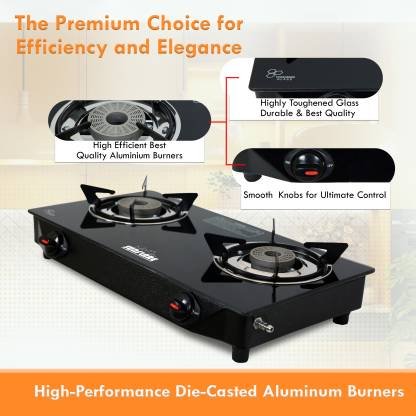 Sunflare Cute 2B Toughened Glass Tornado Burner(Bk) Glass Manual Gas Stove(2 Burners)