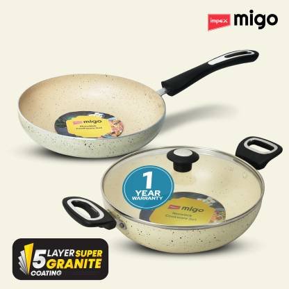 IMPEX FK Set Beige(B) Nonstick Set, Festival Gift Set Induction Bottom Non-Stick Coated Cookware Set (Aluminium, 3 – Piece)