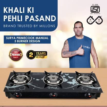 Sigri-wala Surya Primecook Manual Cute Design Toughened Glass Gas Stove Stainless Steel Manual Gas Stove (3 Burners)