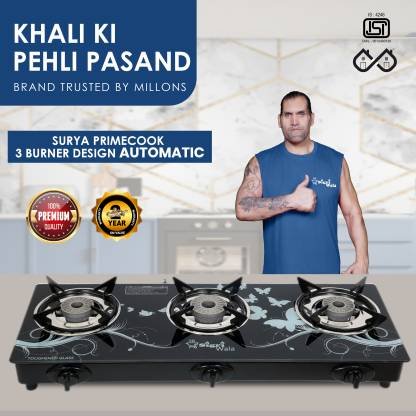 Sigri-wala Surya Primecook Automatic Design Roy Glass Automatic Gas Stove (3 Burners)