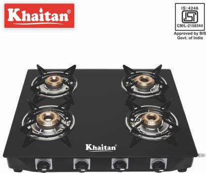 Khaitan 4 Burner Active Forged Black Toughened Glass Manual Gas Stove (4 Burners)