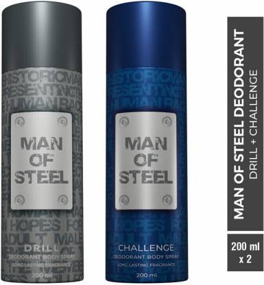 DENVER Combo of Man Of Steel Drill + Challenge Long lasting Deodorant Spray – For Men (400 ml, Pack of 2)
