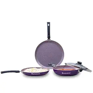 Wonderchef Valencia Non-Stick Cookware 4 Piece Set | Kadhai with Lid 24 cm, Fry Pan 24 cm, Dosa Tawa 28 cm | Pure Grade Aluminium| PFOA Free| 2 Years Warranty | Purple