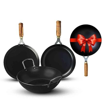 The Indus Valley Pre-Seasoned Iron Cookware Set + Free Wok (25 Cm) | Kadai (24 Cm) + Fry Pan (24 Cm) + Tawa (26 Cm)
