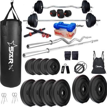STARX 50 kg with 3FT Curl and 5FT Straight Rod Unfilled Punching Bag & PVC Dumbbells Home Gym Combo