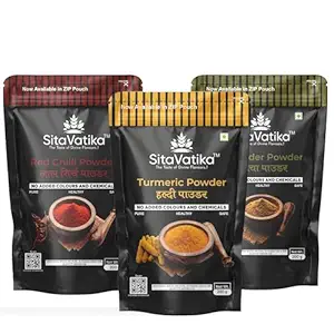 Sitavatika 100% Natural Spices Combo Red Chilli Powder Turmeric Powder Coriander Powder No added colours and Chemical Pack of 3 x 200gm Each