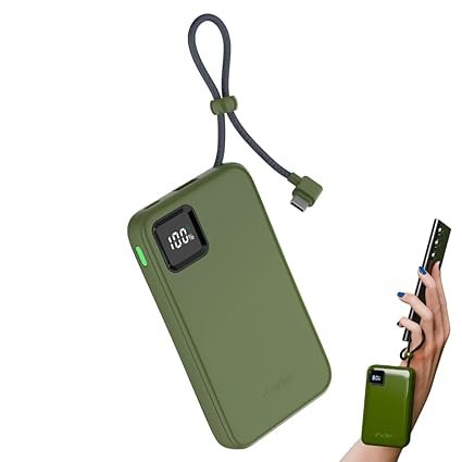 URBN 10000mAh Power Bank with Built-in Type-C Cable | 22.5W Super Fast Charging | Smart LED Display | Pocket Size | Dual Type C PD + USB Output | Two-Way Fast Charge | Portable Charger – Camo