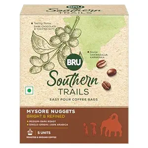 Bru Southern Trails | Easy Pour Coffee Bags | Mysore Nuggets | Medium-Dark Roast | 100% Specialty Grade, Single Origin Arabica Ground Coffee | 55g